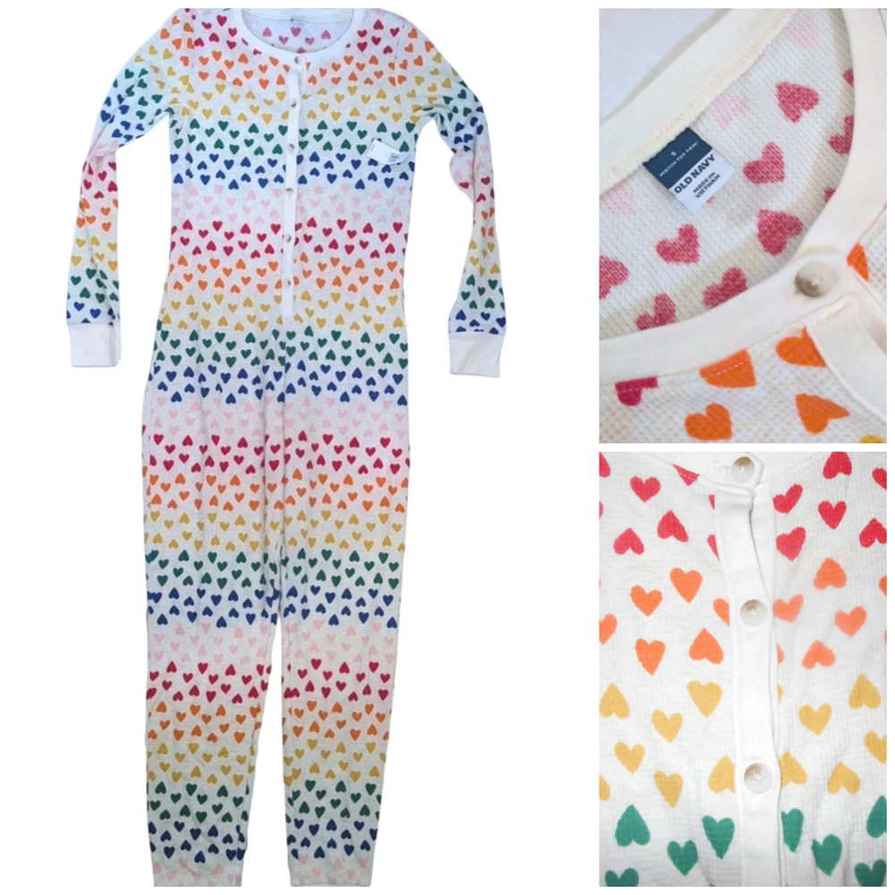 Old Navy One Piece Pajama Small White Rainbow Hearts Waffle thermal - Henley New